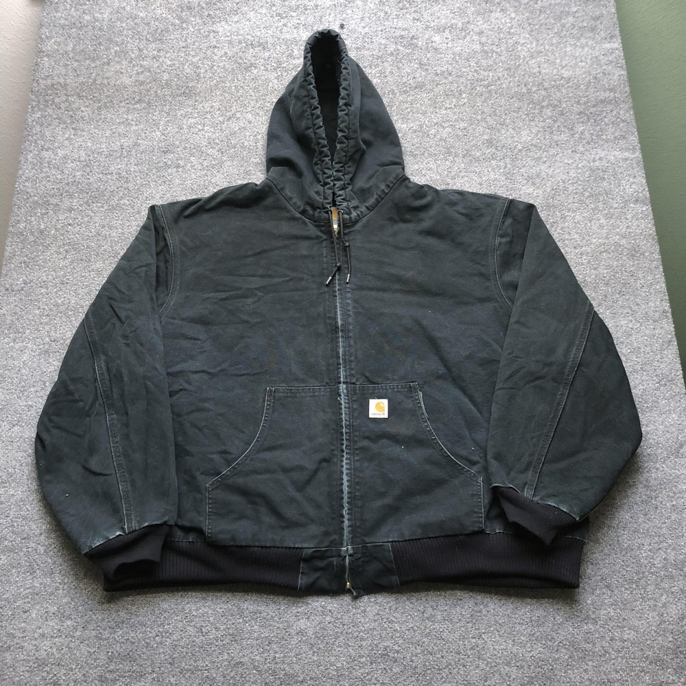 Carhartt Jacket Mens 4XL Black Canvas Hooded Bomber Zip Quilted Workwear J140